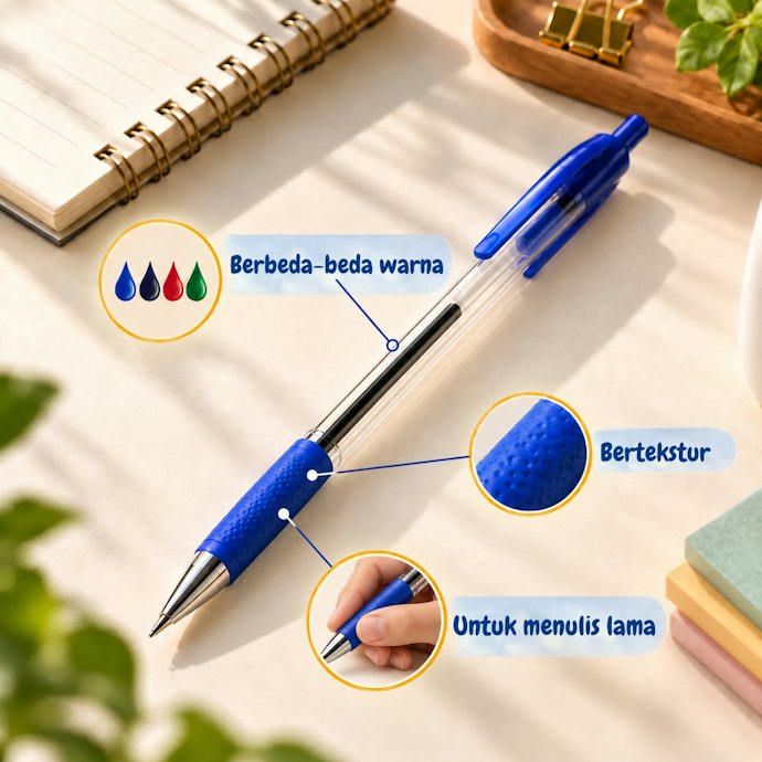Jika Anda sering menulis lama, pilih ballpoint dengan grip silikon