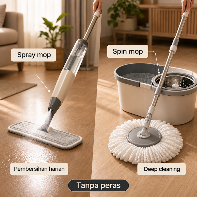 Gunakan alat pel tanpa peras, seperti spin mop atau spray mop, untuk membantu meringankan pekerjaan