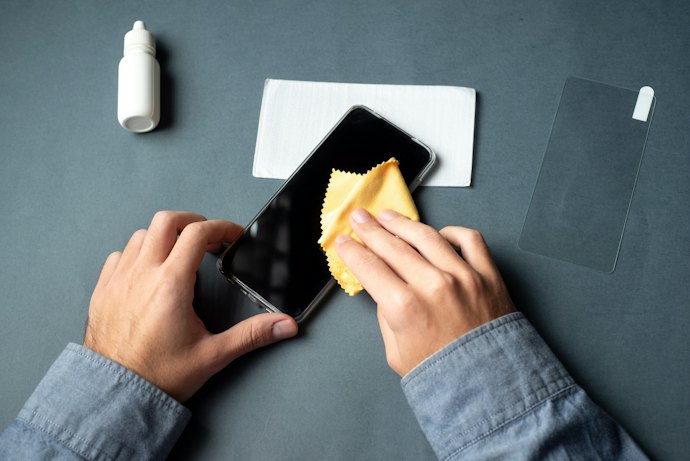 Langkah ketiga: Singkirkan debu dan gelembung dengan selotip