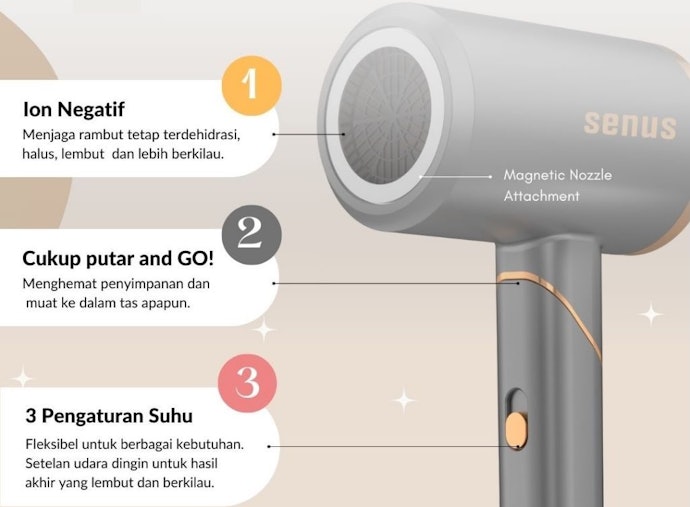 Untuk hasil rambut lebih lembut, pertimbangkan hair dryer mini dengan fitur ion negatif hingga pengaturan suhu dingin (cool)