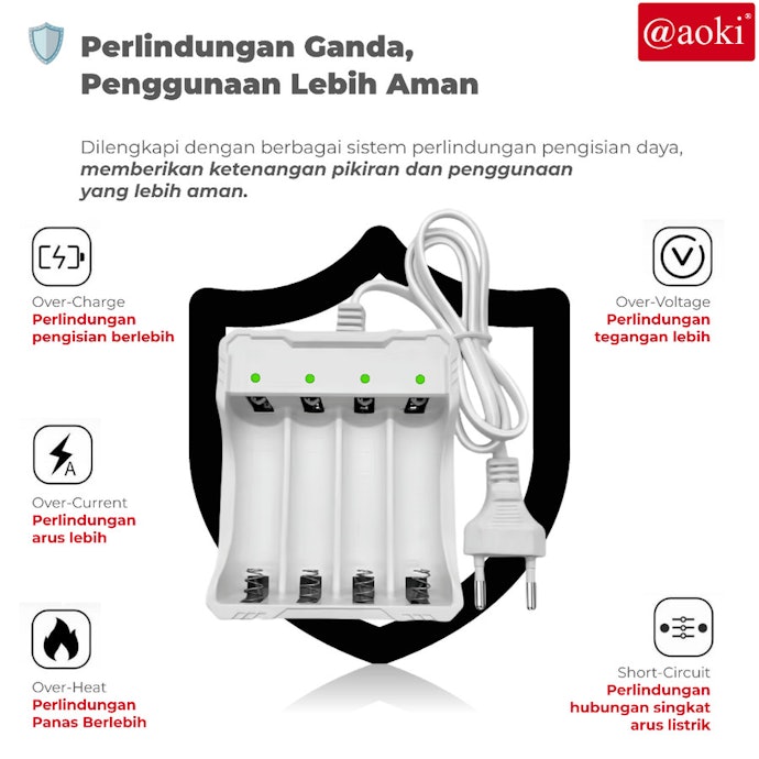 Utamakan charger dengan fitur keamanan; overcharge protection, overheat protection, dan short circuit protection