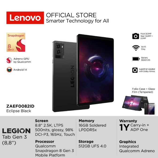 Jika prioritas Anda gaming dengan performa tinggi, pilih seri Lenovo Legion Tab dengan chipset flagship dan layar 144 Hz ke atas