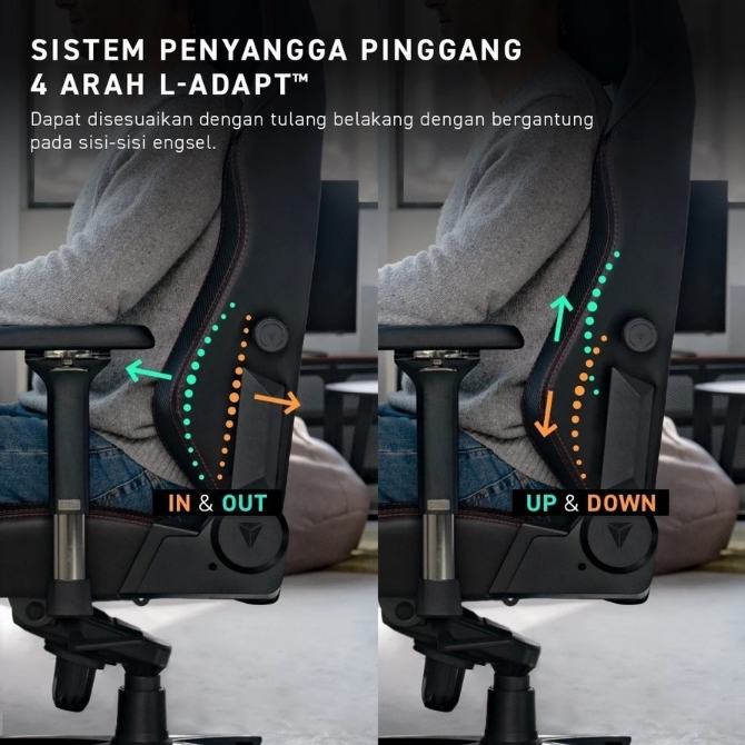 Agar makin ergonomis, pertimbangkan fitur adjustable armrest dan lumbar support yang dapat diatur