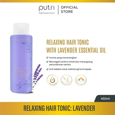 Untuk merawat rambut dan kulit kepala dengan sensasi ala salon, pilih Putri Hair Tonic with Lavender Essential Oil berwarna ungu