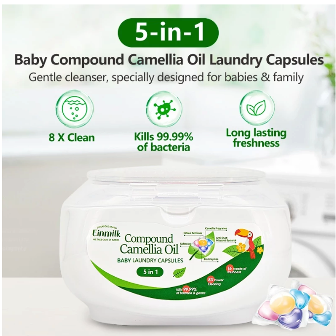 Apabila mencuci pakaian bayi, pertimbangkan merek deterjen kapsul seperti Einmilk atau Liby