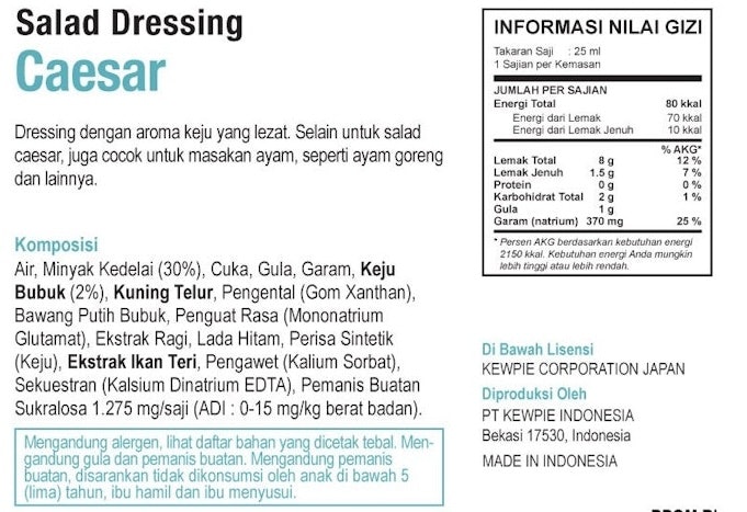 Utamakan salad dressing rendah kalori; sekitar 80–100 kkal per takaran saji