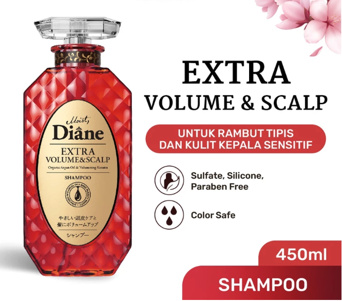 Untuk rambut lepek: Pilih seri Moist Diane Extra Volume and Scalp Shampoo dan Diane Bonheur Blue Jasmine Shampoo