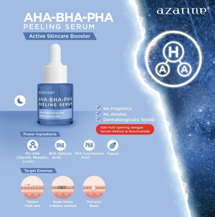 Untuk perawatan mingguan, gunakan serum yang mengandung eksfolian: AHA, BHA, dan PHA