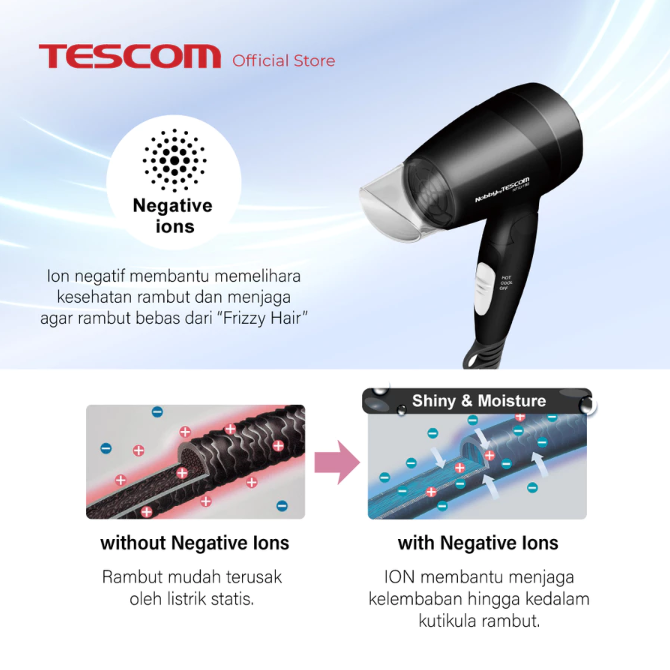 Pastikan ada teknologi ion negatif pada hair dryer agar rambut lebih halus serta tidak mudah mengembang dan kering