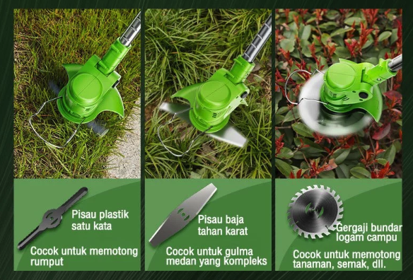 Mata pisau palang, round blade, dan senar? Sesuaikan dengan jenis rumput/tanaman yang akan dipotong