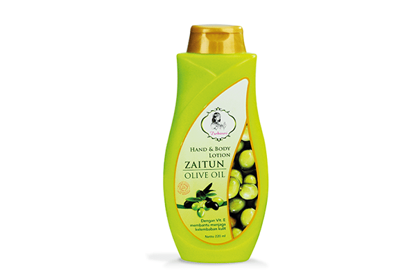 Cek body lotion zaitun dari merek populer, seperti Herborist, Mustika Ratu, Purbasari, dan The Body Shop