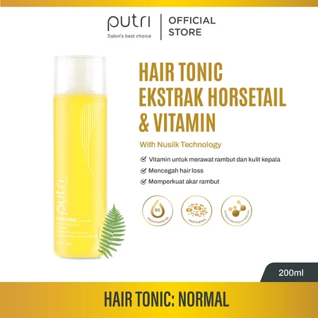 Untuk mencegah rontok, pilih Putri Hair Tonic Horsetail dan Vitamin berwarna kuning