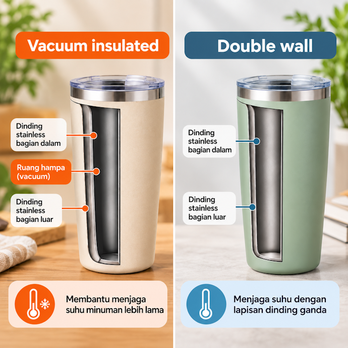 Perhatikan fitur pada bodi tumbler untuk menjaga suhu air lebih lama, seperti vacuum insulated atau double wall