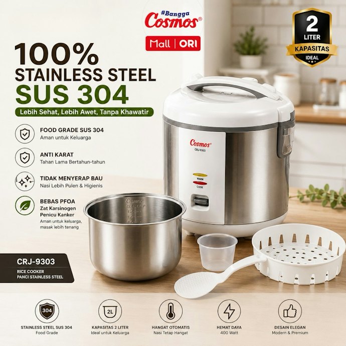 Untuk durabilitas, rice cooker stainless steel dapat dipertimbangkan