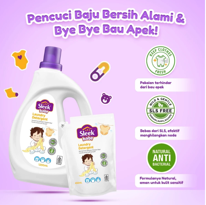 Jika mencuci pakaian bayi, pilih deterjen cair dengan formula hypoallergenic tanpa pewarna, misalnya Sleek Baby dan Cycles