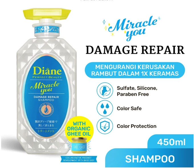 Untuk rambut rusak karena pewarnaan dan styling: Pilih seri Diane Miracle You, Damage Repair, Be True Damage Repair Healthy, Diane Bonheur Grasse Rose hingga Perfect Beauty Extra Night Repair Shampoo