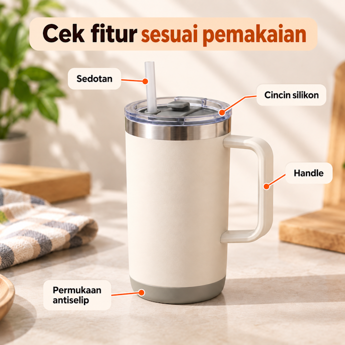 Periksa fitur tambahan tumbler stainless untuk kemudahan pemakaian