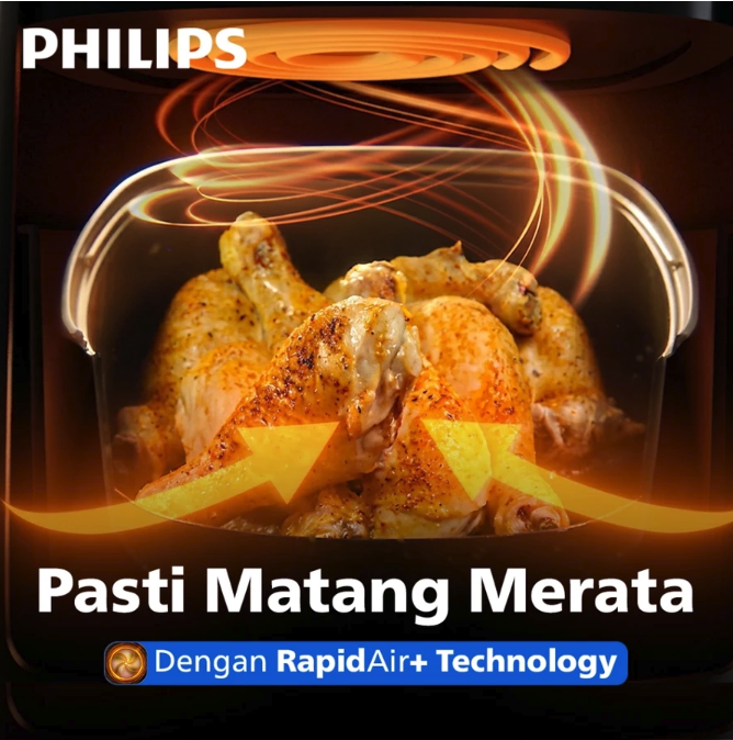 Pilih air fryer dengan Rapid Air Technology atau sirkulasi udara panas 360° agar masakan matang merata