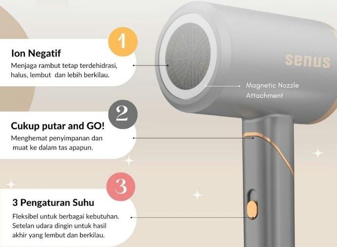 Untuk hasil rambut lebih lembut, pertimbangkan hair dryer mini dengan fitur ion negatif hingga pengaturan suhu dingin (cool)