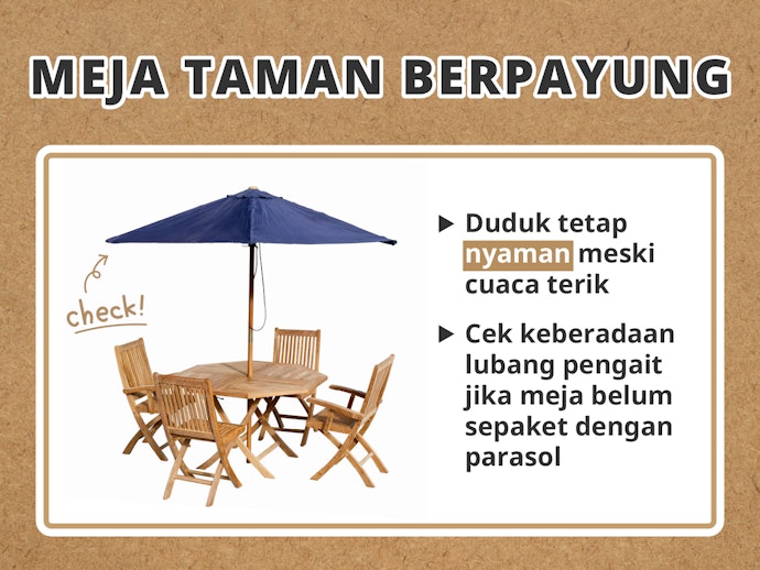 Pilih meja berpayung agar makin nyaman digunakan saat panas