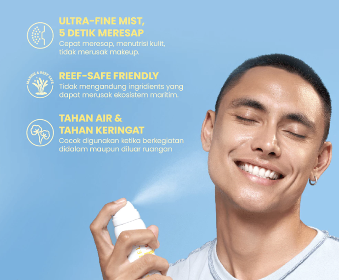 Untuk kepraktisan saat re-apply, pertimbangkan sunscreen spray atau mist