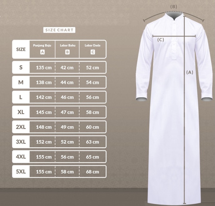 Agar nyaman dipakai, sesuaikan ukuran jubah dengan lingkar dada dan panjang yang diinginkan
