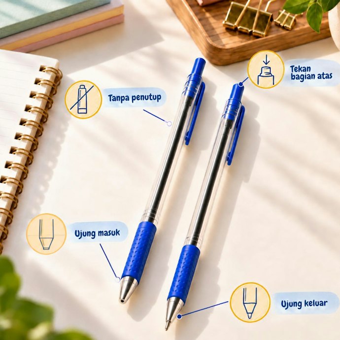 Pertimbangkan ballpoint tipe retractable yang praktis dibuka/tutup saat sering dipakai