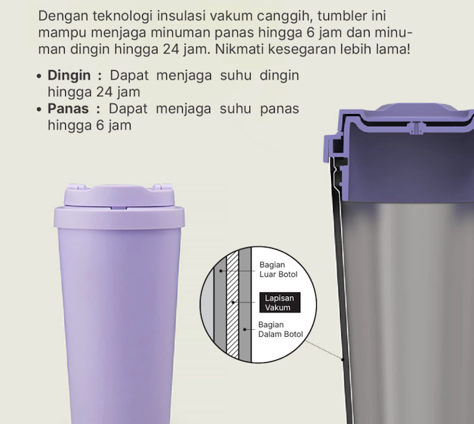 Pilih tumbler panas dingin dengan fitur vacuum insulation atau double wall