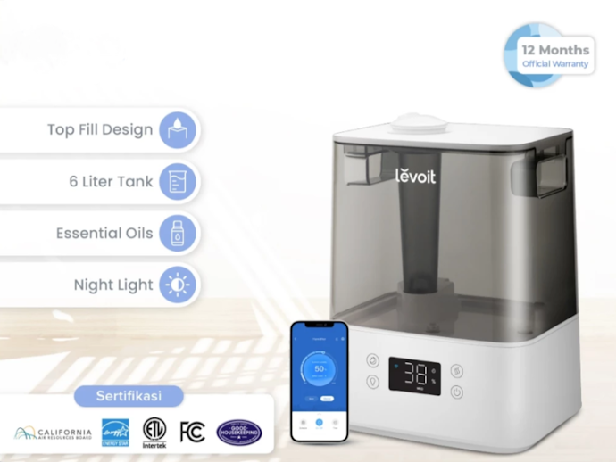 Pilih kapasitas tangki humidifier sesuai luas ruangan, mulai dari 1–2 liter untuk kamar kecil hingga 6–10 liter untuk area besar