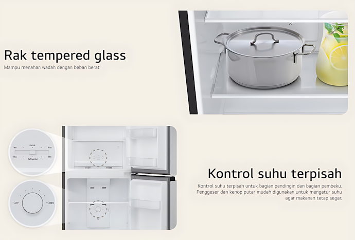 Kulkas LG: Dilengkapi rak berbahan tempered glass yang kuat dan tahan beban berat