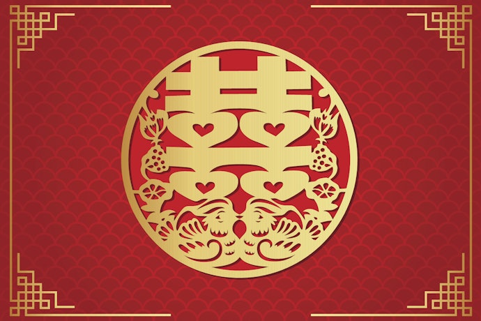 Angpao pernikahan, amplop dengan aksara "shuang xi" untuk mendoakan kebahagiaan mempelai
