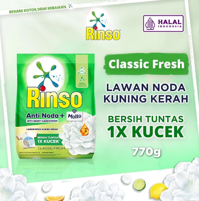 Rinso Anti Noda plus Molto Bubuk, antiresidu agar warna pakaian tetap cemerlang