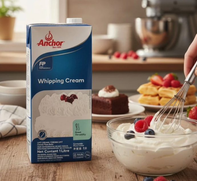 Untuk kontrol konsistensi soft peak hingga stiff peak, pilih whipping cream cair yang dikocok manual