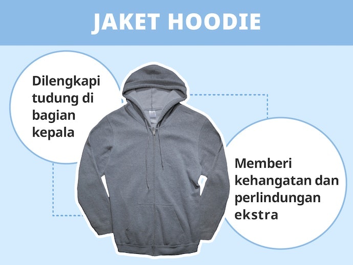 Jaket hoodie, dibuat dari bahan tidak terlalu tebal ataupun tipis yang cocok untuk berbagai kegiatan