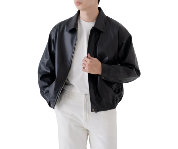 Harven: Jaket kulit hitam model bomber dengan cutting oversize yang terlihat clean dan keren