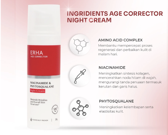 Masalah kulit kusam dan flek hitam: Night cream dengan brightening agent, seperti vitamin C, niacinamide, dan alpha arbutin