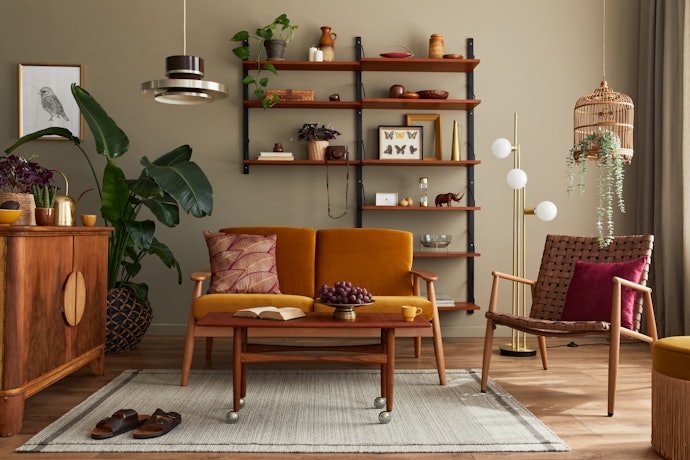 Rak ambalan berbahan kayu untuk ruang tamu dengan interior rustic