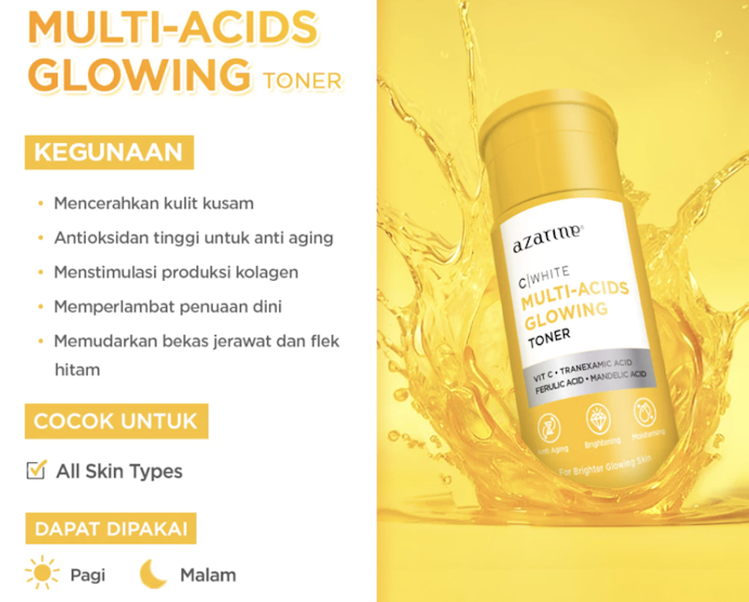 Untuk mencerahkan kulit kusam dan bekas jerawat, pertimbangkan Multi-Acids Glowing Toner