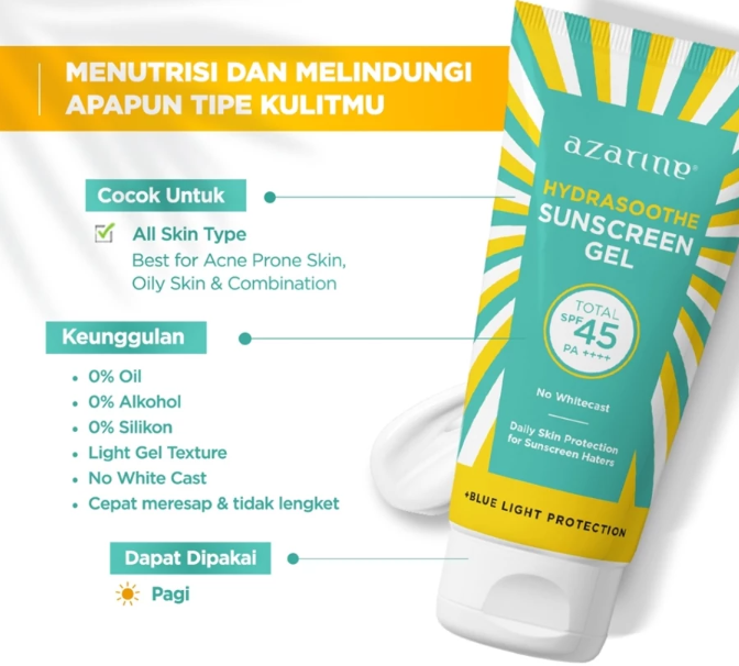 Sunscreen gel, formulanya ringan dan bening sehingga risiko mengalami white cast akan lebih kecil