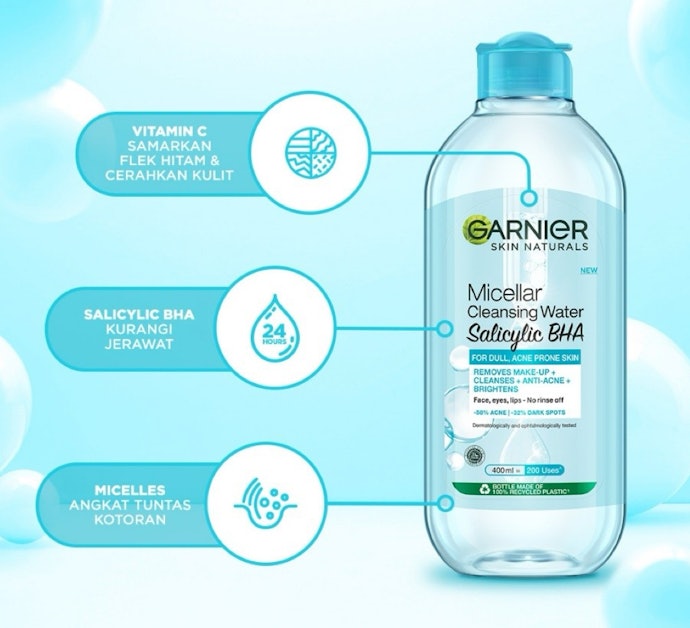 Micellar water untuk kulit berminyak dan bruntusan: Mengandung kombinasi AHA dan BHA