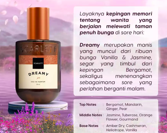 Scarlett Parfum Dreamy: Dapatkan aroma floral yang feminin, tahan lama, serta ekonomis