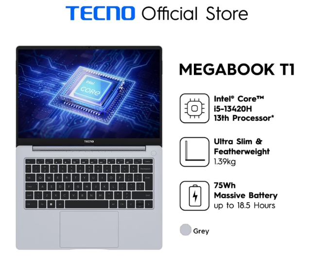 TECNO MEGABOOK T1 14 13th: Nyaman untuk hiburan berkat layar IPS dengan rasio 16:10 dan 100% sRGB