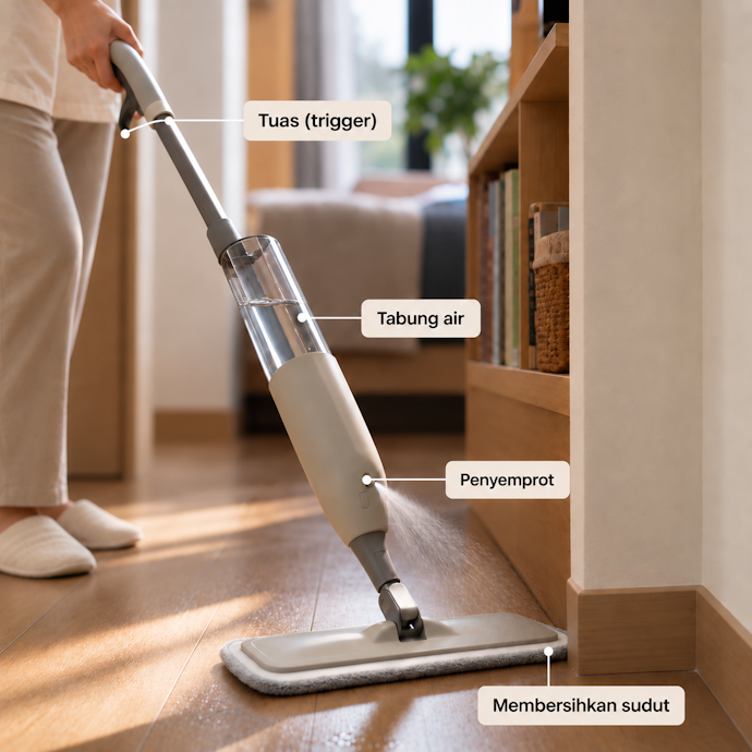 Utamakan penggunaan spray mop untuk pembersihan harian yang cepat dan praktis