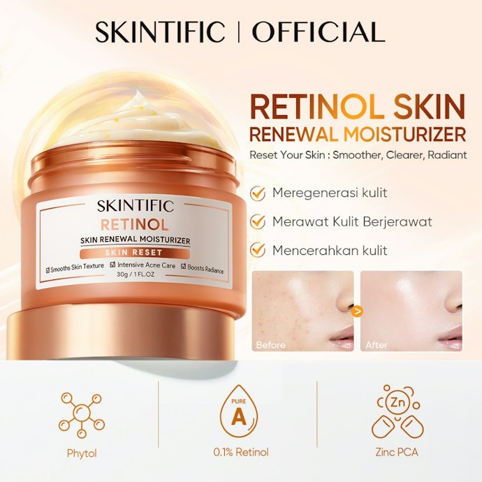Jika noda hitam disertai garis halus atau kulit kusam, pertimbangkan SKINTIFIC Retinol Skin Renewal Moisturizer (Gold)