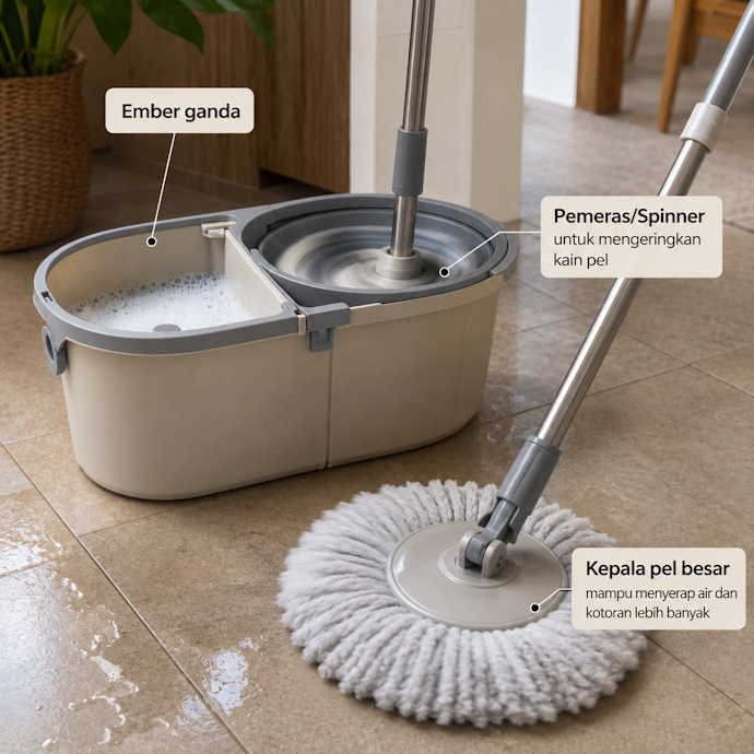 Pilih spin mop untuk membersihkan area luas dan noda membandel dengan lebih efektif