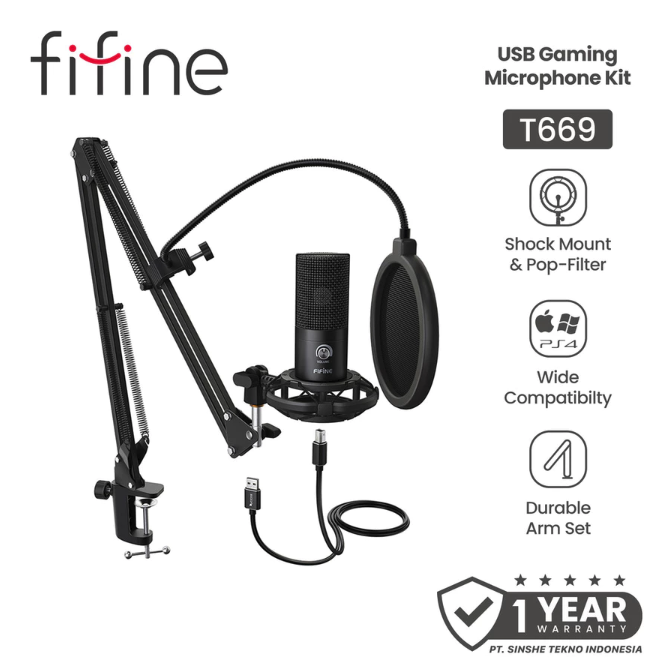 Fifine: Mic condenser serbaguna yang sudah dilengkapi adjustable arm stand