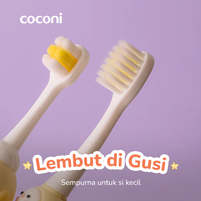 Untuk usia 9 bulan sampai 1 tahun, pilih sikat gigi dengan bulu nilon yang halus