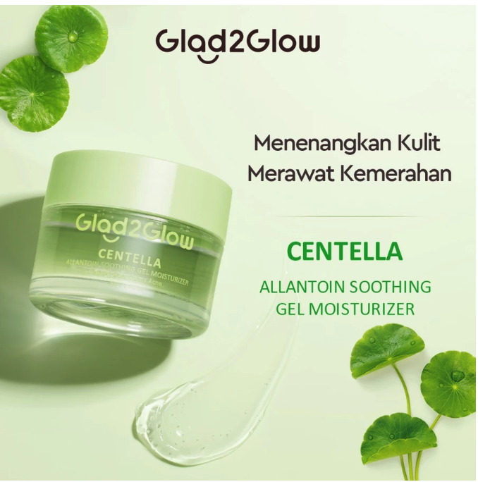Apabila jerawat disertai kemerahan, pertimbangkan Glad2Glow Centella Allantoin Soothing Gel Moisturizer (kemasan bening)