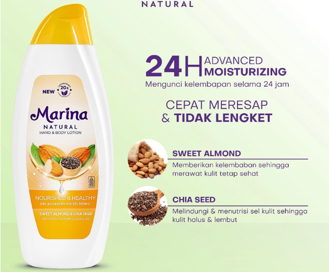 Untuk menjaga kelembapan kulit lebih lama, cobalah seri handbody Marina Natural