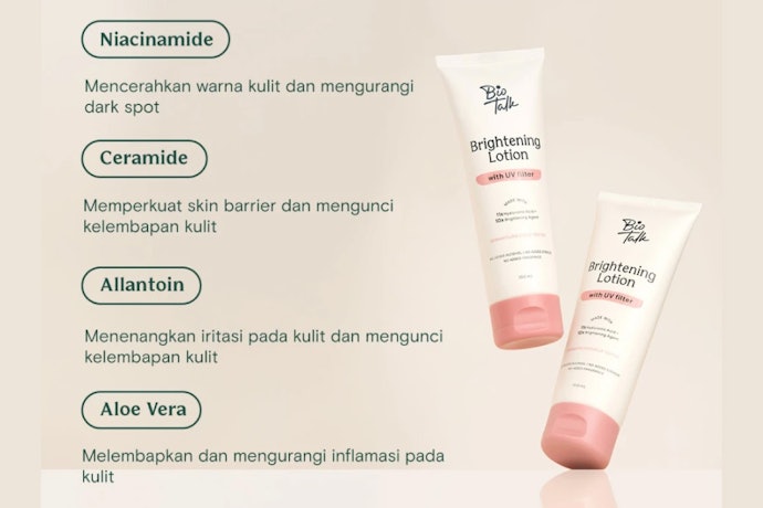 Kandungan pencerah, seperti alpha arbutin, kojic acid, niacinamide, atau vitamin C, untuk hiperpigmentasi dan warna kulit tidak merata